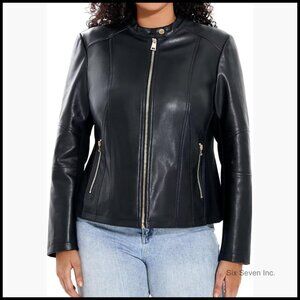 Plus Size Faux Leather Motorcycle Jacket with Stretch Sleeves